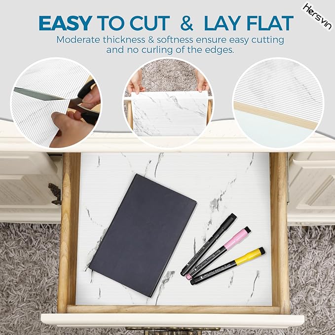 Hersvin Shelf Liners 14 in x 20 ft EVA Drawer Mats, Non-Adhesive Cupboard Protector, Kitchen Cabinet Lining Fridge Liner (White Marble Stripe, 35.6x610cm)