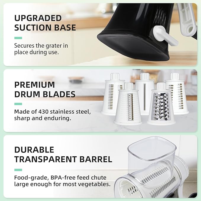 REDPANT 5 in 1 Rotary Cheese Grater, Manual Hand Crank Cheese Grater With Reinforced Suction & 5 Interchangeable Blades, Multifunctional Cheese Shredder, Easy to Use and Clean, Black