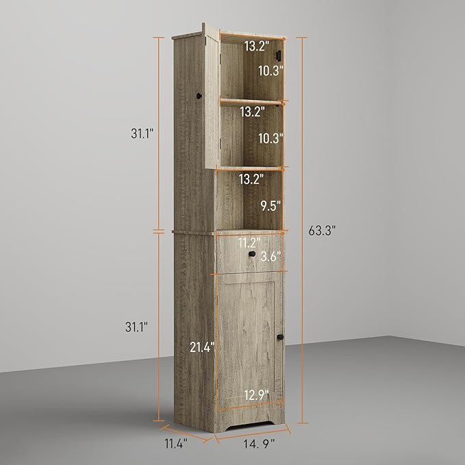 Viaozutis Tall Bathroom Cabinet, Storage Cabinet with 2 Doors & 2Drawer, with Ajustable Shelve, for Bathrooms, Kitchens,Entrances,Bedrooms（Grey）