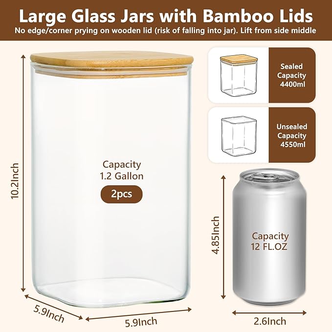 KEYWING 1.2 Gallon Glass Flour Storage Containers with Bamboo Lids, Set of 2 Large Square Pantry Jars, Big Wide Mouth Canisters for Sugar, Rice, Cereal, Beans, Cookie & Dry Goods