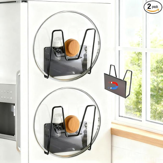 Magnetic Pot Lid Holder for Refrigerator, 2 Pack Strong Magnetic Pot Lid Organizer for Cutting Board, Baking Tray & Pan Covers, Stainless Steel Moveable Kitchen Storage Rack