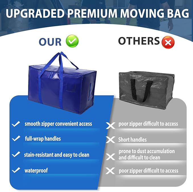 6 Pack Moving Bags Heavy Duty, Extra Large Moving Bags, Moving Supplies, Storage Bags with Handles and Zippers, Waterproof Totes for Storage Space Saving Packaging Shipping and Travel(Blue)