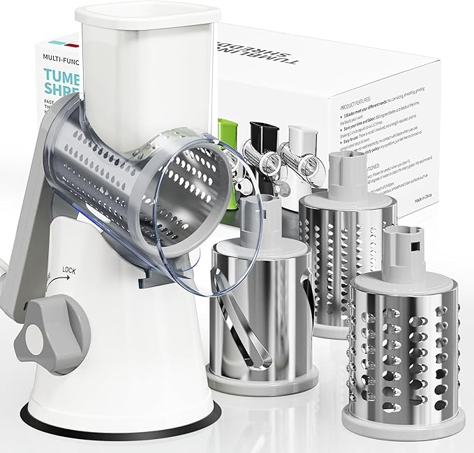 Nexsujo Rotary Cheese Grater Hand Crank, 3 Blades Slicer Shredder, Cheese Grater for Kitchen, Multi-Functional Kitchen Tool for Vegetables, Nuts, Chocolate, with Strong Suction Base, White