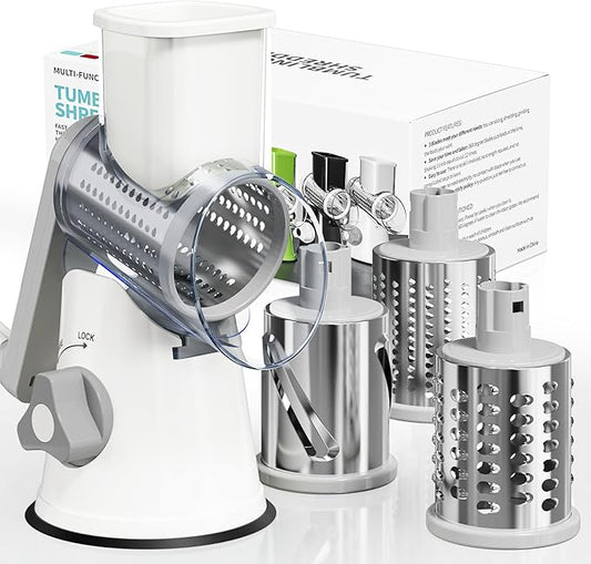 Nexsujo Rotary Cheese Grater Hand Crank, 3 Blades Slicer Shredder, Cheese Grater for Kitchen, Multi-Functional Kitchen Tool for Vegetables, Nuts, Chocolate, with Strong Suction Base, White