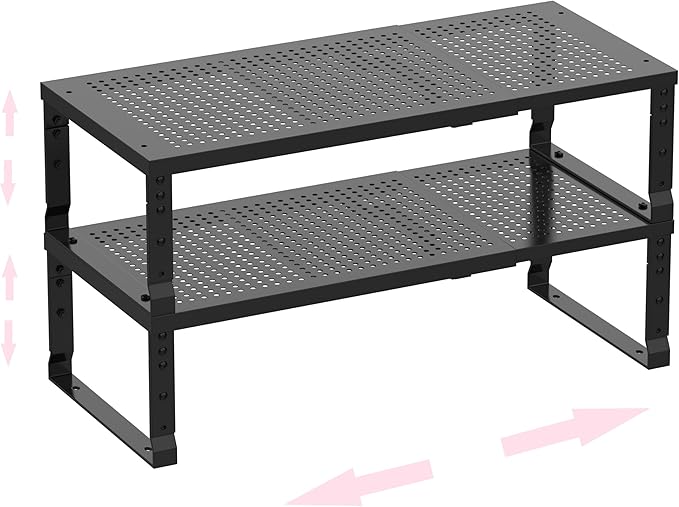 Asiingkel Metal Stackable Expandable Storage Shelf - Multi-Functional Home Storage Shelf, Suitable for Kitchen, Cabinet，Bathroom, Office, Garage, etc.（2PACKS/Black/Medium