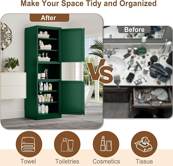 67" Tall Narrow Storage Cabinet Metal Bathroom Cabinet with 2 Doors & 4 Adjustable Shelves, Standing Pantry Cabinets Cupboard for Kitchen, Dining Room, Living Room and Bathroom (Green)