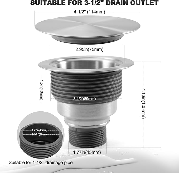 3 1/2" Kitchen Sink Drain Kit Replacement Sink Drain Assembly Removable 304 Stainless Steel Deepen Sink Strainer Basket with Sealing Cover for Kitchen Laundry Room RV(Brushed)