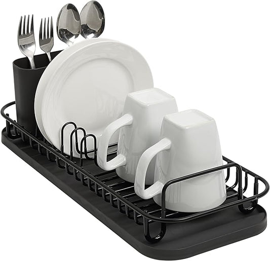 SunnyPoint 304 Stainless Steel NeverRust Compact Dish Drying Rack with Utensil Holder & Removable Drain Tray, Rustproof Small Dish Rack for Kitchen Countertop or Over Sink – Black