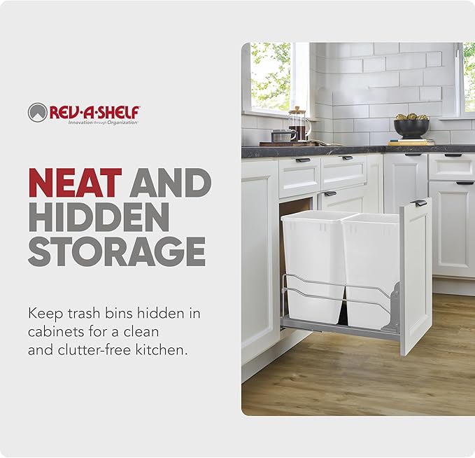 Rev-A-Shelf Double Trash Can Under Kitchen Cabinets Pullout, 35 Quart 8.75 Gallon with Soft-Close Slides, White, 53WC-1835SCDM-211