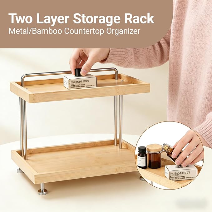 HYNAWIN Bamboo Two-Tier Storage Rack，Tabletop Storage Organizer for Kitchen, Bathroom, Office, and Home Use