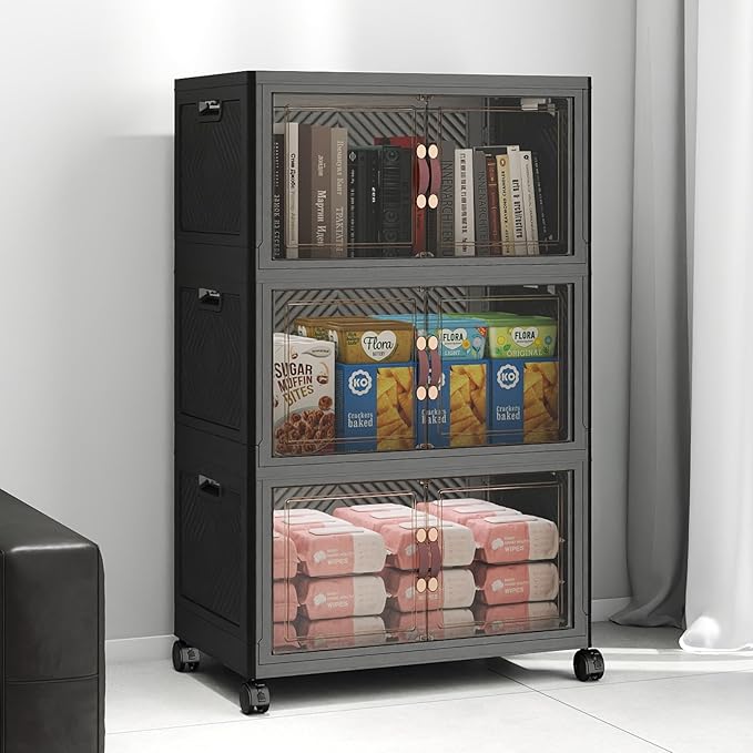 Extra Large Stackable Storage Bins with Lids & Wheels, 165QT-55QT/14GAL*3Pack Foldable Collapsible Closet Organizers Dark Storage Cabinet with Doors for Bedroom Dorm