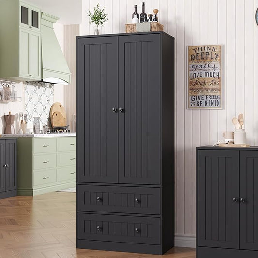 65" H Storage Cabinet, Farmhouse Kitchen Pantry Cabinet with 2 Doors & Adjustable Shelf, Handbag Storage Organizer for Living Room, Bathroom, Kitchen, Black