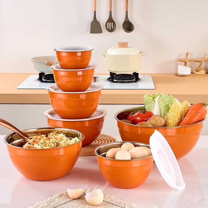 Moxinox Orange Mixing Bowls with Airtight Lids, Stainless Steel Nesting Mixing Bowls Set of 7, Ideal for Baking, Prepping and Serving Food, Size 7, 3.6, 2.7, 2.1, 1.5, 1.1,0.8 QT, Stackable Design