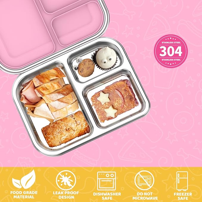 Stainless Steel Bento Box for Kids 1000ml - 3 Compartment Lunch Box for Adults, Leakproof Food Container, BPA-Free Metal Lunch Box with Silicone Seal, Eco-Friendly/Dishwasher Safe (Pink)