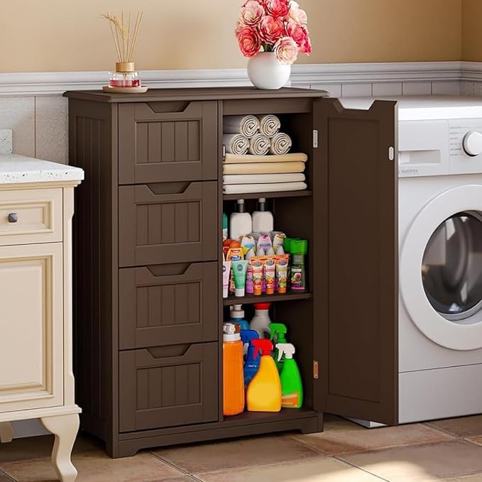 Gizoon Small Pantry Storage Cabinet with Door and Shelves, 33'' Pantry Cabinet Freestanding Wooden Bathroom Storage Cabinet with 4 Drawers for Kitchen and Dining Room, Dark Brown