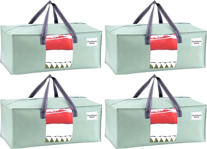 VENO 4 Pack Heavy Duty Moving Bags, Christmas Storage Bins with Lids, Transparent Window Design, Alternative to Moving Boxes, Storage Bags for Clothes, Blankets, Comforters (Shiny Light Green, 4 Pack)