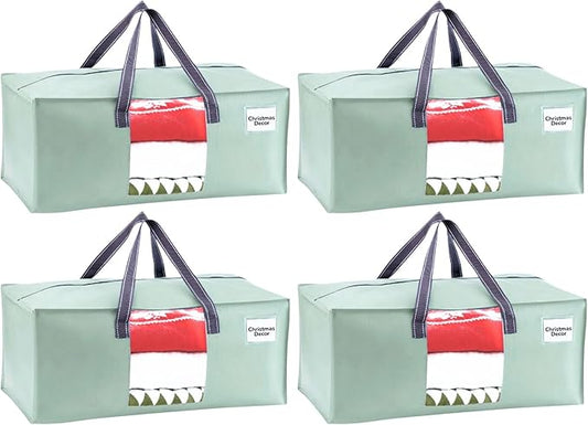 VENO 4 Pack Heavy Duty Moving Bags, Christmas Storage Bins with Lids, Transparent Window Design, Alternative to Moving Boxes, Storage Bags for Clothes, Blankets, Comforters (Shiny Light Green, 4 Pack)