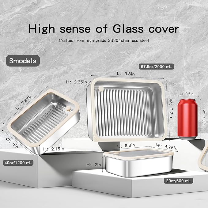 3-Piece Extra Thick 304 Stainless Steel Food Storage Containers with Non-Stick Bottom, Airtight Glass Lids & Silicone Seal, Stackable Kitchen Organization Boxes for Food Preservation