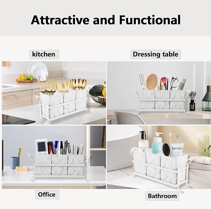 NelyBet Kitchen Utensil holder for Countertop, Silverware Caddy,Marble White Cutlery Holder Utensils Organizer for Party Gatherings, Metal and Durable Design