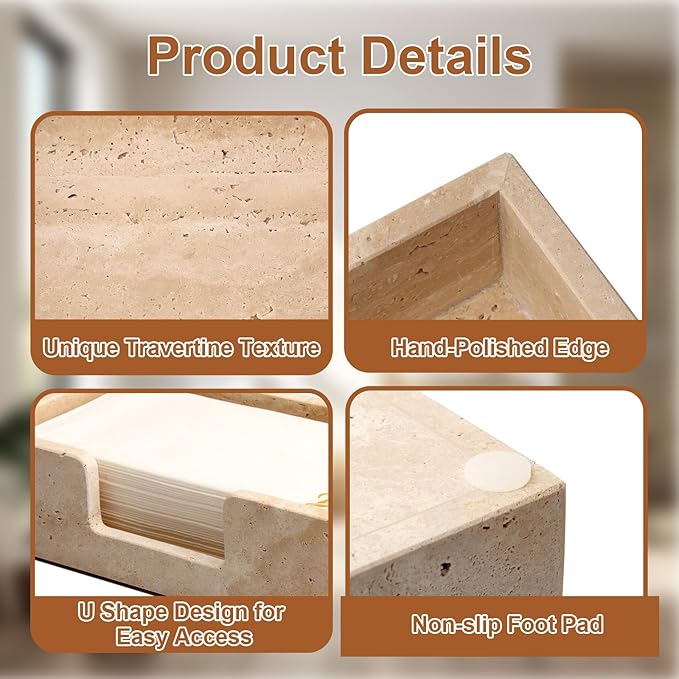 Shonmogar Guest Towel Holder Natural Travertine Bathroom Napkin Holder Luxe Stone Napkin Holder for Bathroom,Stylish Guest Towel Holder Tray for Bathroom Vanity Toilet Dining Table, Beige