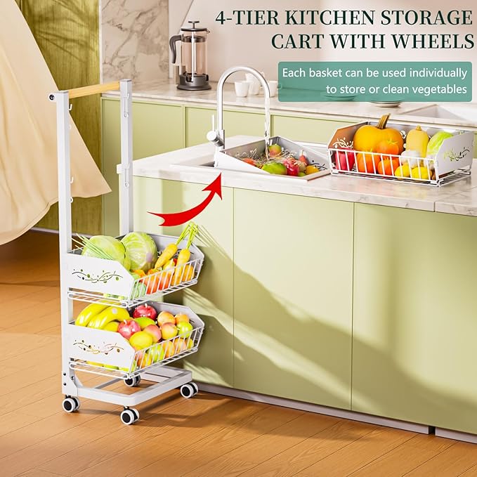 Heavy 4-Tier Snack Cart with Wheels ，Removable Rolling Pantry Floor Organizers ，Upgraded Wider and Thicker, Kitchen Fruit Basket Stand and Storage Rack for Fruit Snack Onion Potato