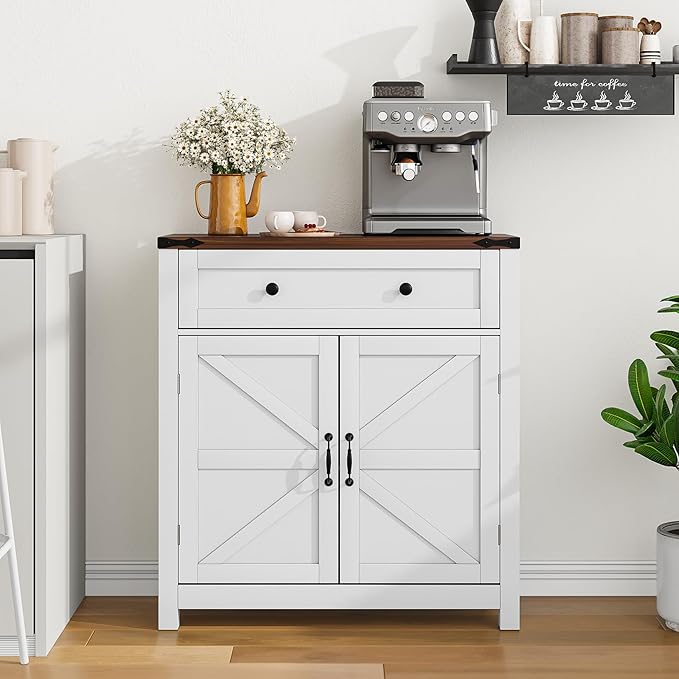 Mino Kesper Farmhouse Storage Cabinet with 2 Doors, White Kitchen Cabinet with Walnut Countertop, Freestanding Floor Storage Cabinets Hutch Cupboard