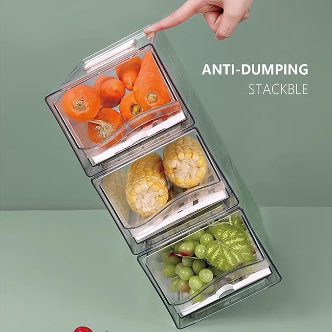 2 Pack Fruit Storage Containers for Fridge with Drain Board, Stackable Refrigerator Organizers and Storage,Reusable Food Storage Containers,Fridge Organizer Drawer for Produce,Vegetable,BPA-Free