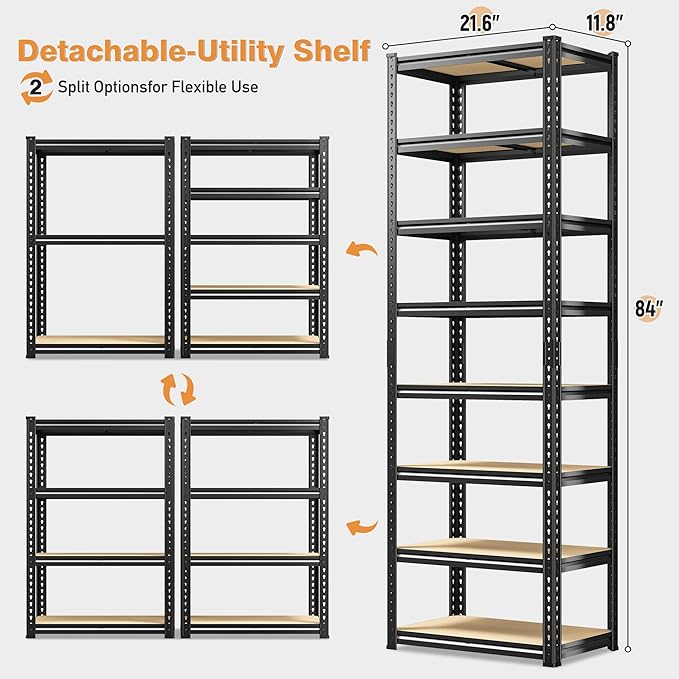 8 Tier Storage Shelves, Shelving Unit Load 2816LBS, Garage Shelving Adjustable and Divisible, Shelving Units and Storage Rack for Laundry Room, Pantry, Kitchen, Closet, Metal Shelf 84" H