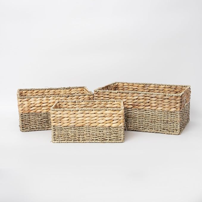 YAHUAN Natural Water Hyacinth & Seagrass Woven Storage Baskets – Wicker Storage Basket Organizer Bins with Handles for Home & Office Pantry Shelf (Set of 3)