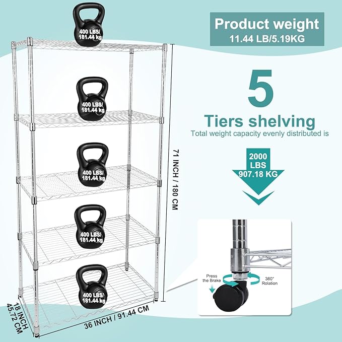 Whitmor 5 Tier Storage Shelves, Heavy Duty with Wheels, Adjustable Steel Organizer, 400 lbs Capacity per Shelf, Max 2000 lbs Total for Home, Garage, Workshop, 36" L x 18" W x 71" H, Chrome