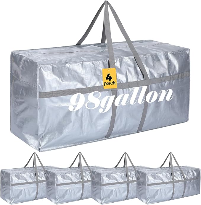 Windyun 4 Pack 98 Gallon Extra Large Moving Bags XXL Heavy Duty Storage Bag with Strong Zipper Handle Jumbo Big Tote Box Foldable for College Dorm Travel Clothes Duffle Blanket Pillow(Silver)