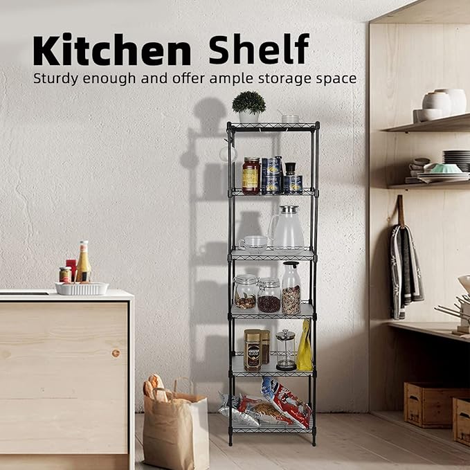 Best 6-Tier Wire Shelving - Heavy Duty Shelf - Kitchen Storage Shelves, Wire Shelving Unit with Baskets Storage Rack Corner Shelf Shelving Adjustable Storage Shelf, 11.8" D x 15.7" W x 59" H-,Black