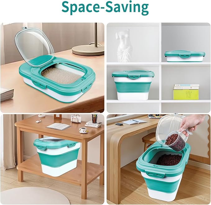 Rice Storage Container, Collapsible Airtight Food Storage Containers 6-20 Lbs, Rice Dispenser with Measuring Cup and Small Bin for Flour Cereal Pasta Grain, Cat Pet Dog Bird Food Container