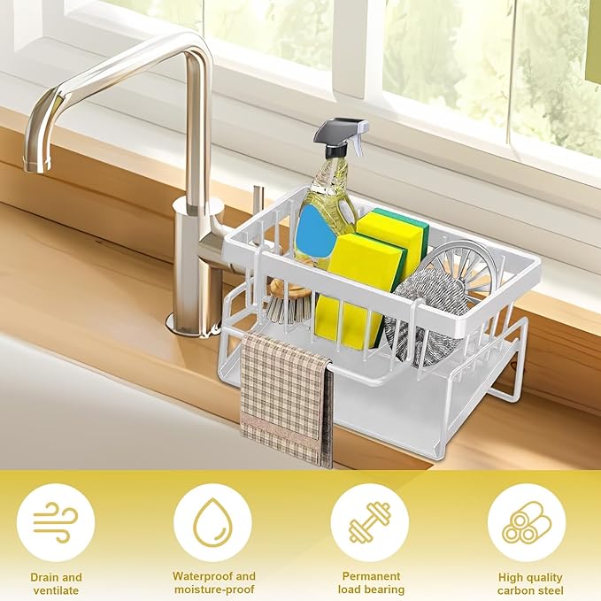 kitchen sink caddy, dish sink sponge holder (With rod-white)
