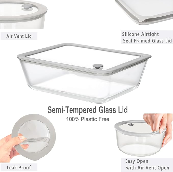 Glass Food Containers with Glass Lid, Microwave Safe Food Storage Container, Large 4 Pack Round Shape, Food Containers with Lids, Meal Prep containers with Leak Proof Lid.