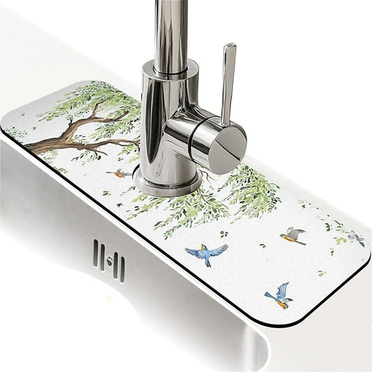 Kitchen Sink Splash Guard，willow tree Faucet Mat Sink Gadgets-Super Absorbent Fast Drying Mat Drip Catcher for Kitchen, Bathroom,Sink Mat, Dish Drying Mat, Bathroom(15" X 5.5" )