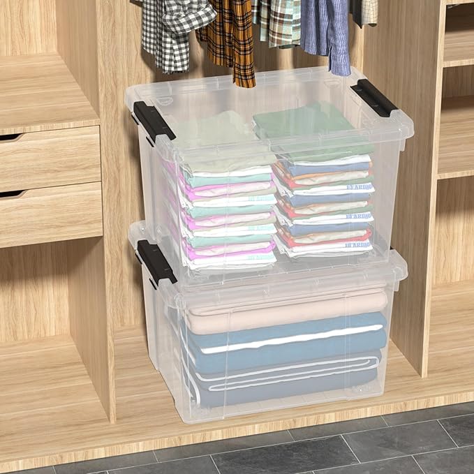50 Quart Clear Storage Latching Bin with Lid, Large Plastic Storage Box with Wheels, 4 Packs