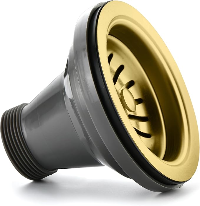 Black/Gold/Chrome Kitchen Sink Drain Assembly Replacement Kit,for Standard 3-1/2 Inch Kitchen Sinks,with Removable Basket Strainers Stopper Plug, with 1-1/2 Lock Nuts,Nicmondo (Gold)