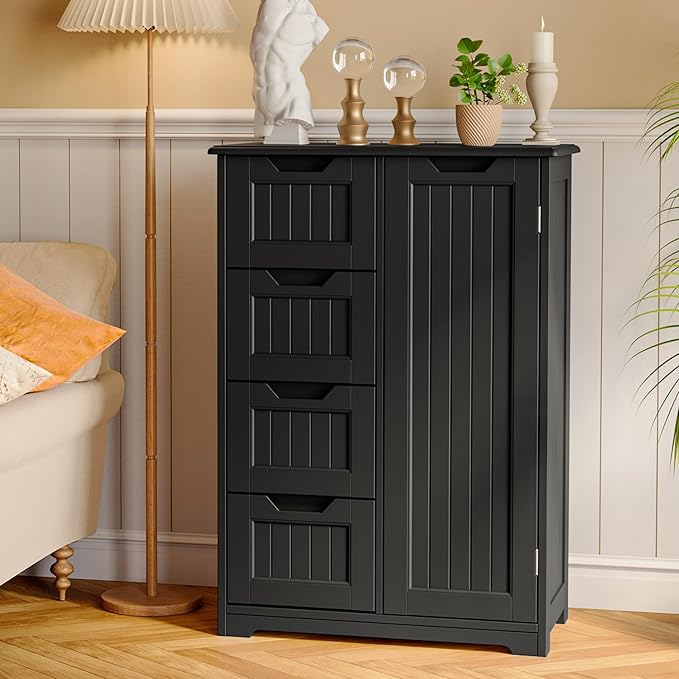 Gizoon Small Kitchen Pantry Storage Cabinet with Door and Shelves, 33'' Kitchen Pantry Cabinet Freestanding Wooden Bathroom Storage Cabinet with 4 Drawers for Kitchen and Dining Room, Black