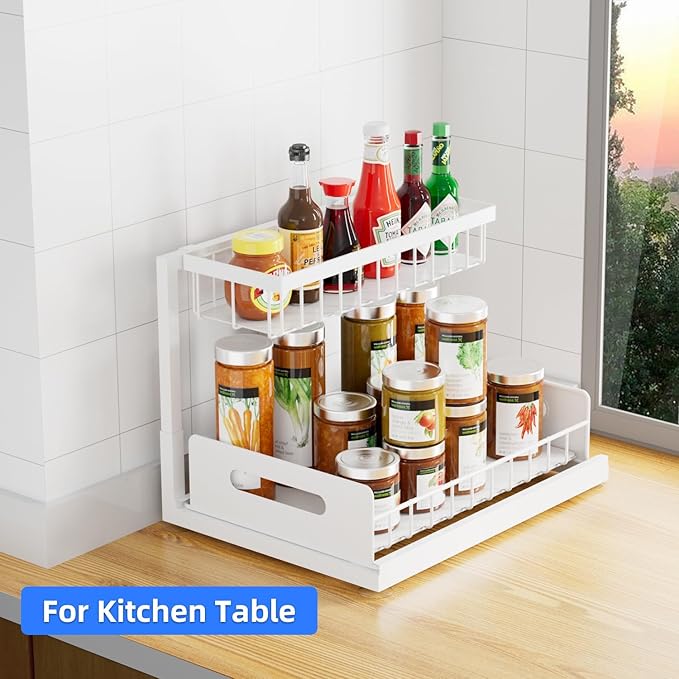 Lxmons 2-Tier Under Sink Slide Out Organizer, Pull Out Cabinet Storage Shelf with Sliding Wire Basket Drawer for Bathroom Kitchen, Countertop or Pantry Shelf, White