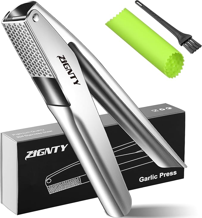 ZIGNTY Professional Garlic Press Stainless Steel, Garlic Mincer No Need to Peel, Large Trough Garlic Crusher, Ergonomic Handle Garlic Ginger Presser Masher, Easy Squeeze Rust Proof Dishwasher Safe