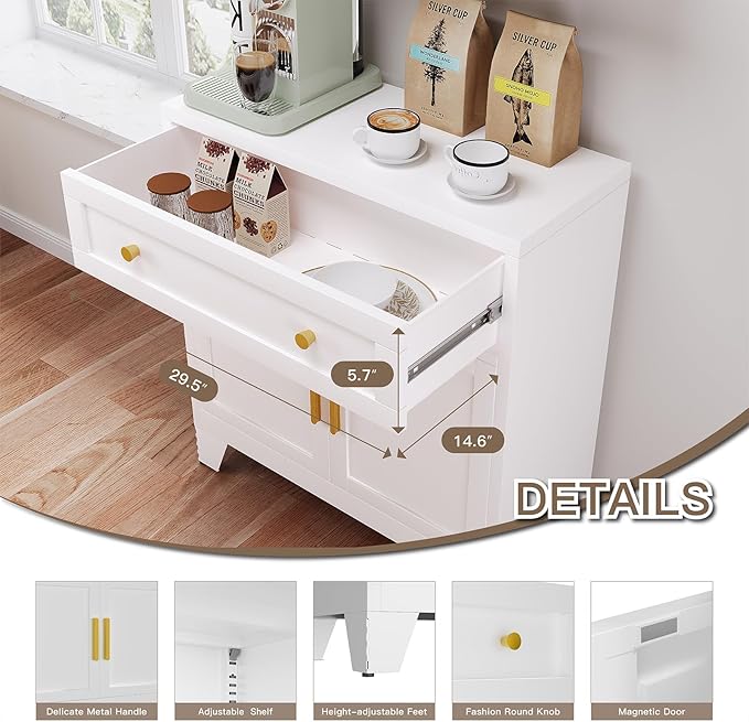 YAUWOH Metal Sideboard Cabinet with Big Drawers,Farmhouse Coffee Bar with One Adjustable Shelves,Buffet Cabinet,Metal Storage Cabient for Kitchen, Dining Room, Entryway, White