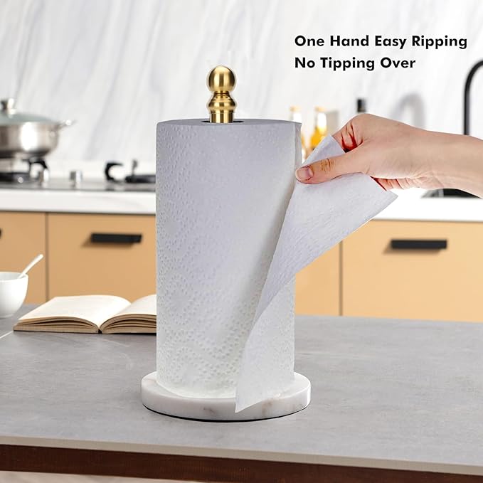Exilon Gold Paper Towel Holder Countertop, Standing Paper Towel Roll Holder for Kitchen Bathroom, with Weighted Base for One-Handed Operation