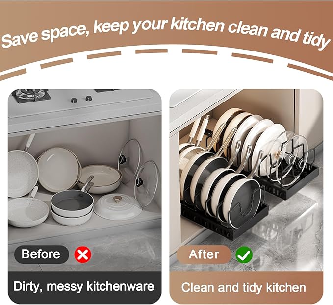 2 Pack Pots and Pans Organizer Under Cabinet, Sliding Pot Lid Holder and Pan Rack in Kitchen, Pull out Pot and Pan Organizer, for Pot Lid, Bakeware, Dishes, Pots and Pans Storage
