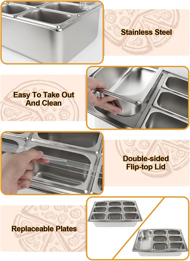 Lanstics Pizza Topping Station Stainless Steel Spice Organizer Salad Bar Buffet Station with Spoons Ice Boxes Buffet Containers Set for Sauce Jam Ingredient Kitchen Restaurant Pantry