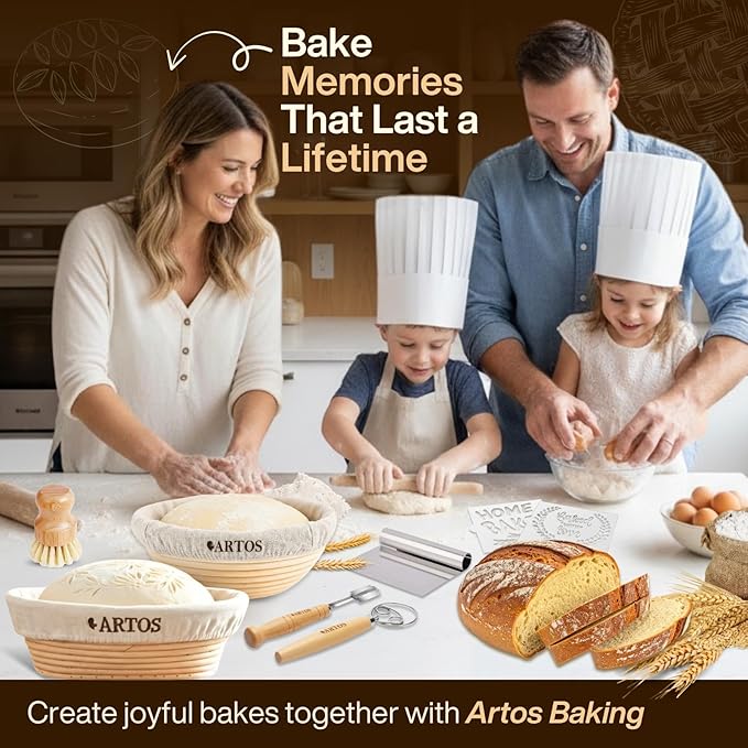 AURAVILLE Sourdough Starter Kit | 9" Round & 10" Oval Banneton Bread Proofing Baskets | Sourdough Bread Baking Supplies with Dough Whisk, Scrapers Bread Lame, Cleaning Brush, Detailed Guide & Recipes