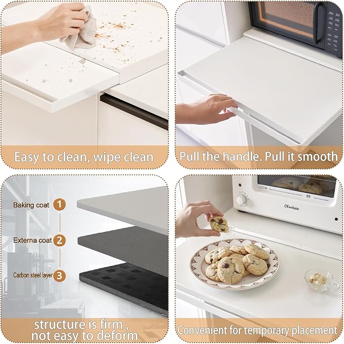 VibeNest Steel Microwave Stand with Pull-Out Shelves | Countertop Organizer for Compact Microwaves, Coffee Station & Kitchen Appliance Storage (White+Shelf)