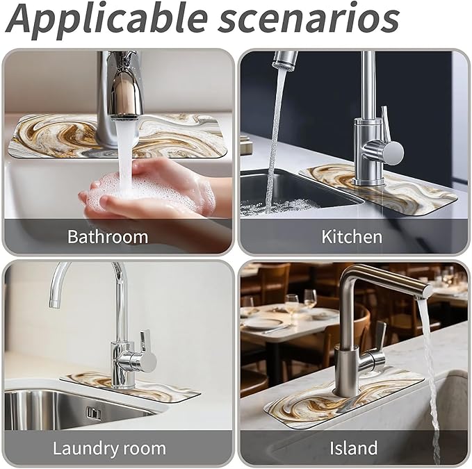 Kitchen Sink Splash Guard，White grey gold marble Faucet Mat Sink Gadgets-Super Absorbent Fast Drying Mat Drip Catcher for Kitchen, Bathroom,Sink Mat, Dish Drying Mat, Bathroom(15" X 5.5" )