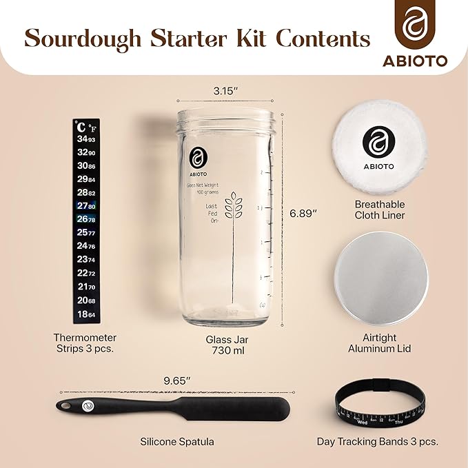 Sourdough Starter Kit, Includes 24 oz Sourdough Starter Jar with Metallic Lid, Silicone Spatula, Feeding Tracker, Extra Thermometer Strips & Breathable Covers - Sourdough Bread Starter Kit