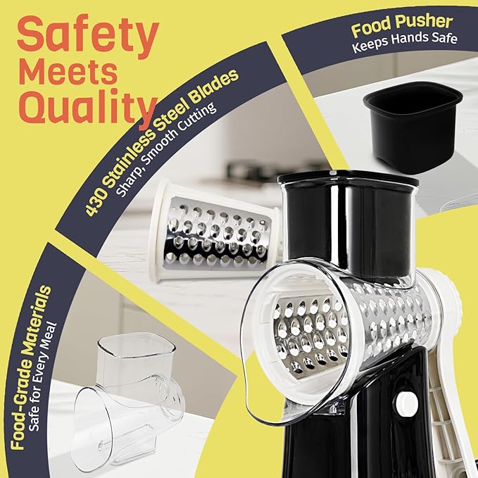 Nexsujo 5-in-1 Rotary Cheese Grater Hand Crank, Vegetable Slicer Shredder with 5 Interchangeable Blades, Graters for Kitchen, Safe Kitchen Tool for Cheese, Nuts, Chocolate, Black